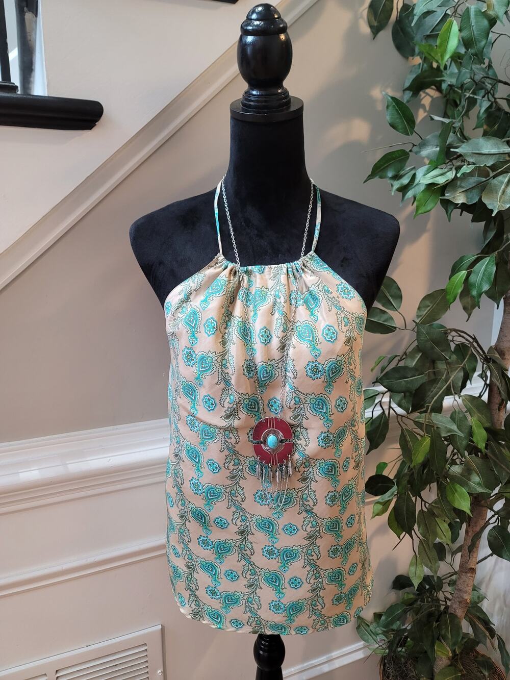 Gap Halter Top Women's SZ XL Turquoise Beige Paisley Printed Open Back Blouse